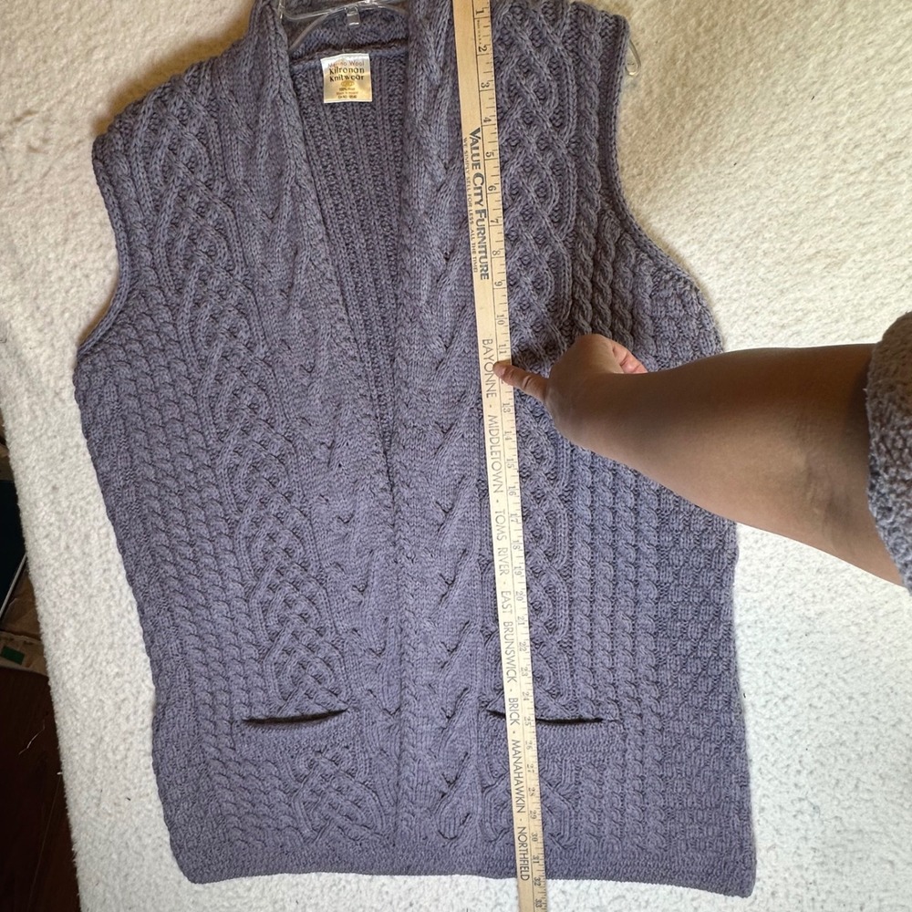 Kilronan Knitwear Merino Wool Cable Knit Vest Purple Ireland Made Shawl Collar - Picture 5 of 13